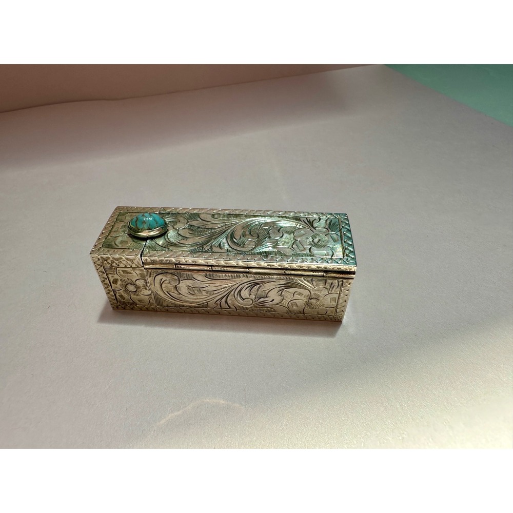 Vintage Art Deco Italian 800 Silver Lipstick Compact Mirror Etched Floral Stone - Picture 3 of 9